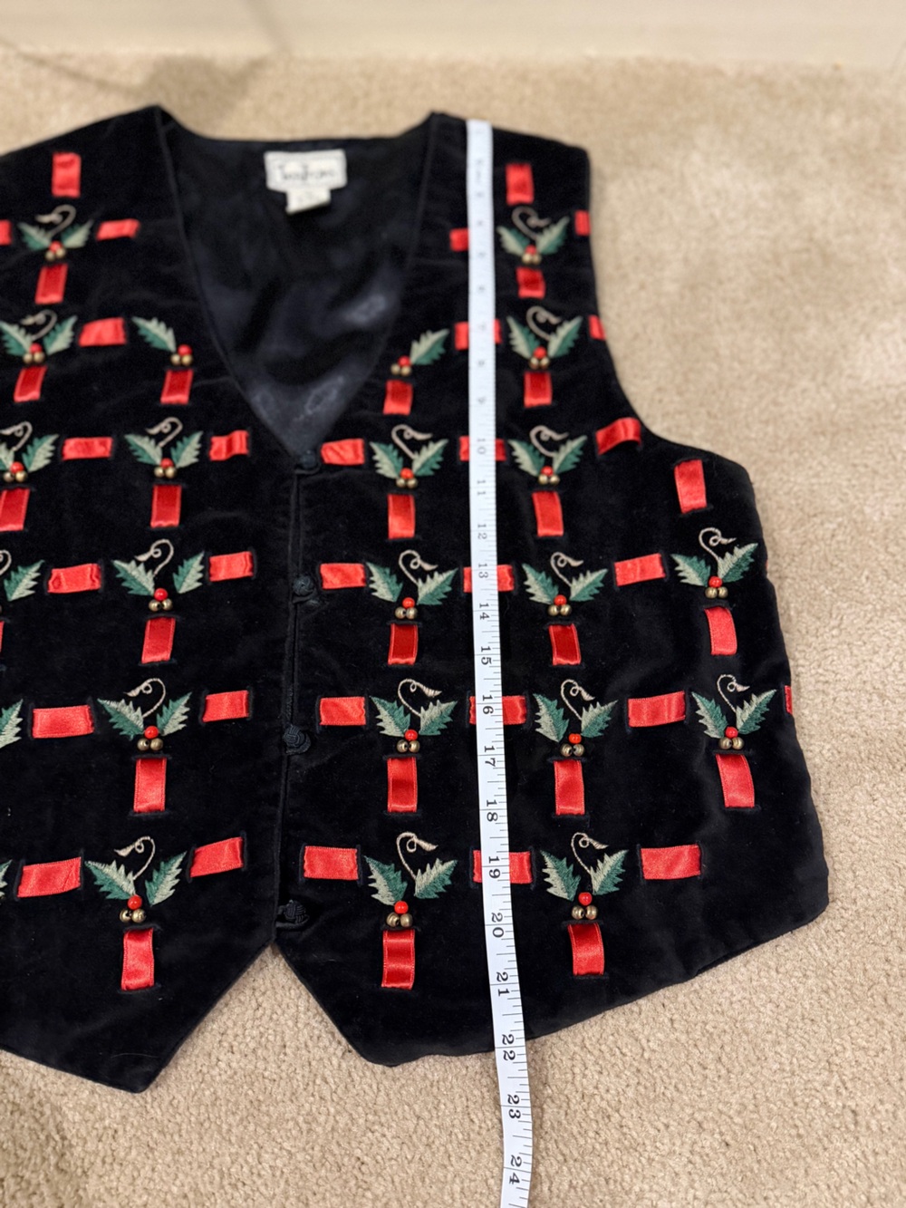 Vintage Tantrums Black Velvet Christmas Vest Holly Ribbon Large - Picture 9 of 9